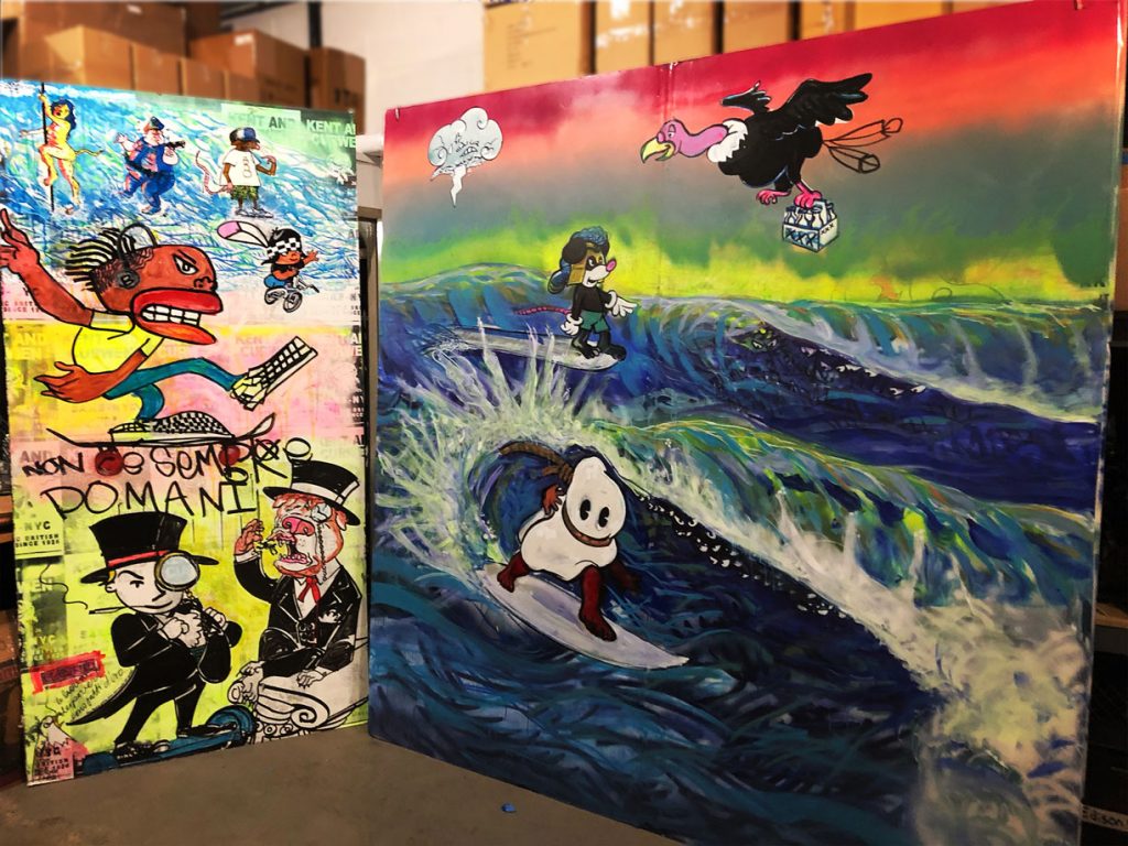 Two large scale paintings are mixed media on gator board. Left, 4'x 8 ' Right, 8' X 8'